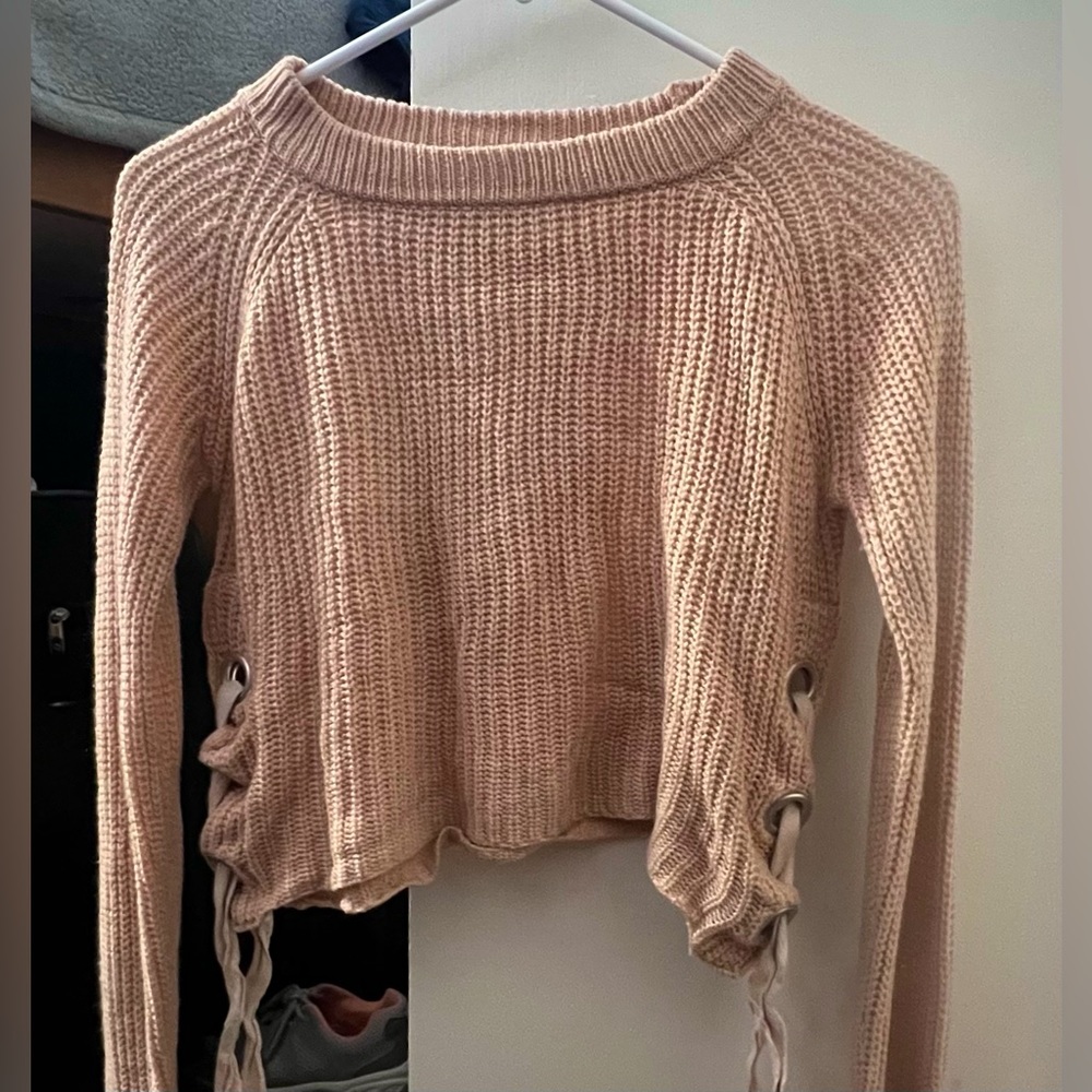 Settledown Pink Cropped Lace-Up Sweater